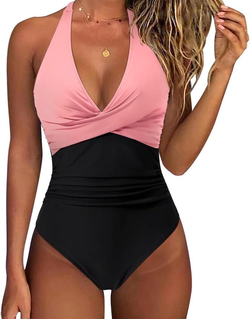 SUUKSESS Women Sexy Tummy Control One Piece Swimsuits Halter Push Up Bathing Suits M
