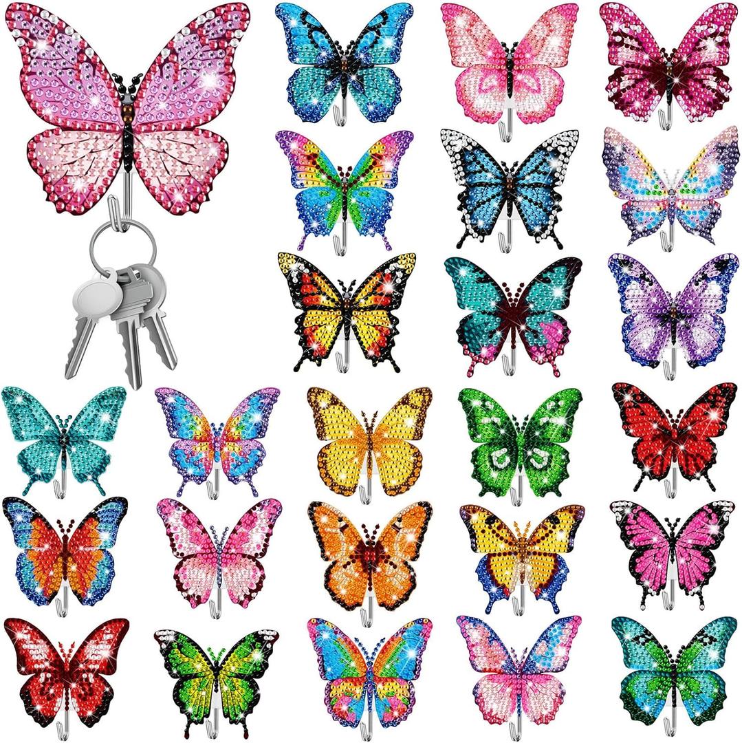 Landical 25 Pcs Butterfly Diamond Painting Kits for Adults DIY Diamond Art Painting Wall Hook Key Holder Butterfly Wall Hooks Rhinestone Dot Gem Art Kits Sticky Hooks for Towel Hat Kitchen Decoration