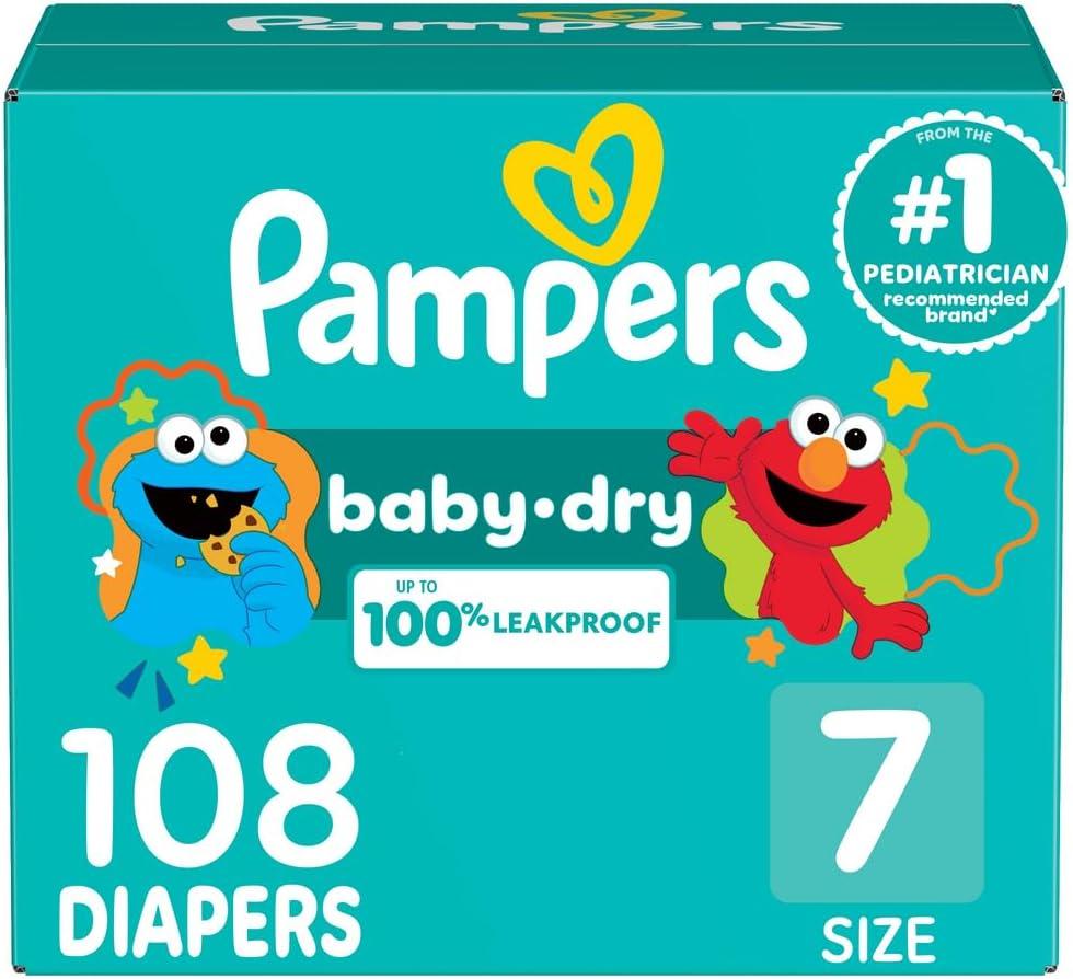 Pampers Diapers - Baby Dry - Size 7, 108 Count, Absorbent Disposable Infant Diaper (Packaging May Vary)