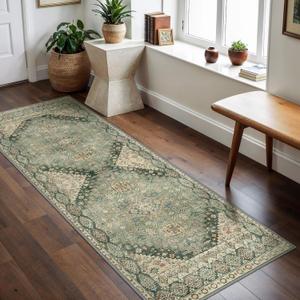 GENIMO 2x5 Runner Rugs for Hallway, Machine Washable Non Slip Vintage Rugs, Low Pile Lightweight Soft Print Rug for enrtyway, Corridor, Home, Office, Kitchen, Forest Green