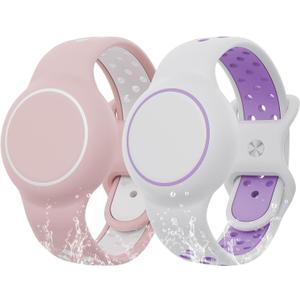 Waterproof Bracelet Compatible with AirTag for Kids (2 Pack), Protective Case GPS Tracker Holder for Child with Full Coverage Hidden Design, Soft Silicone Anti-Lost Wristband Cover for Toddler PWWP (Pind White+White Light Purple)