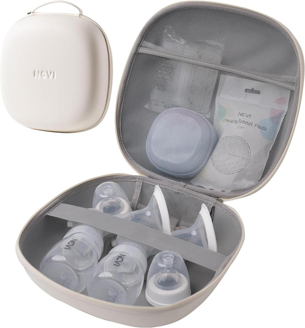 NCVI Breast Pump Carrying Case for Pump Parts and Bottles, Portable Wearable Pump Travel Bag Organizer for Working Moms, Durability Hard Shell, Interior with 3 Compartments through Mesh Bag, Beige