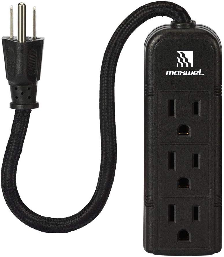 Power Strip Wall Mountable - ETL Listed 3 Grounded Outlets 10 Inch Braided Short Cord Black Mini Power Strips with No Surge Protector AC 13A 125V 1625W Outlets Compact Extension for Travelling
