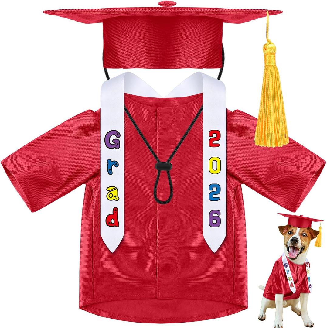 Chicingyou Small Dog Graduation Cap and Gown 2026 with Stole Washable Shirt and Hat Pet Graduation Gown Costume Outfit for Tiny Dog Little Cat Doll Clothes Holiday Halloween Costume Accessory(Red)