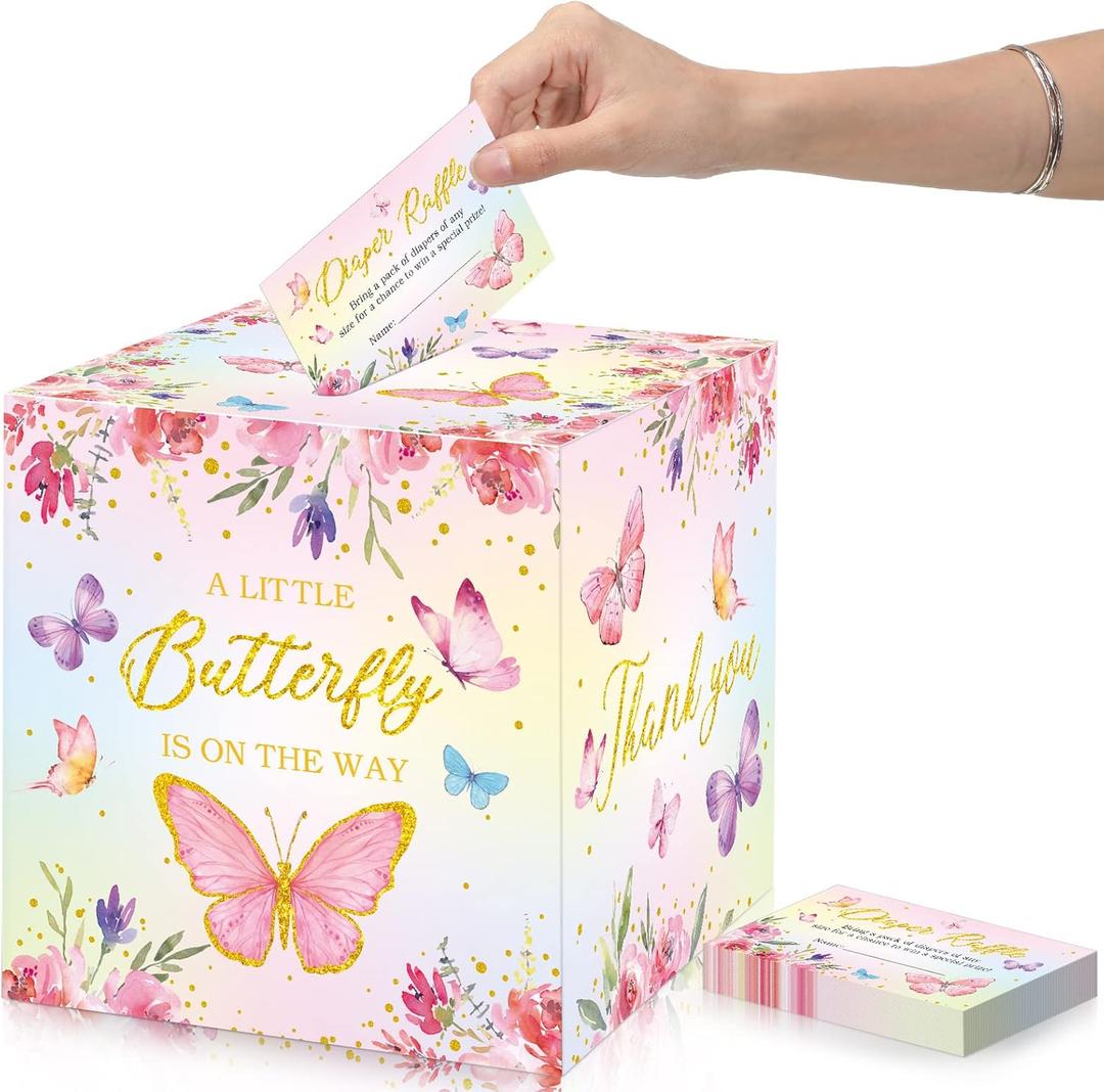 Teling 51 Pieces Butterfly Diaper Raffle Tickets with Diaper Baby Shower Raffle Card Box for Baby Shower Decor Gender Reveal Table Centerpiece Game Activity a Little Butterfly is on The Way