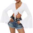 Mesh Tops for Women Bell Sleeve Rave Outfits Tie Front Crop Top Long Sleeve Shirt Sheer Blouse Festival (X-Small, White)