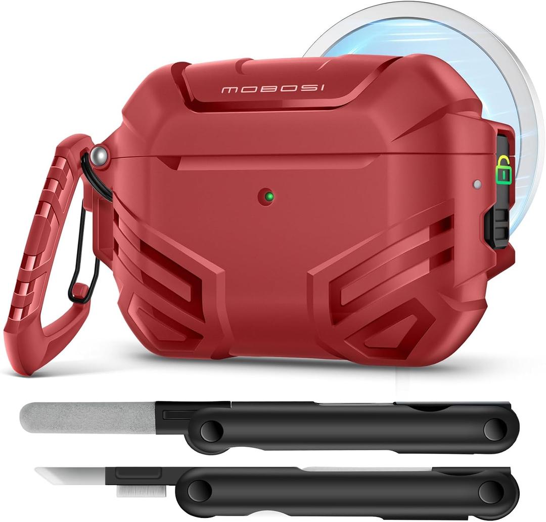 MOBOSI for AirPods Pro 3 Case with Lock, Compatible with AirPod 3rd Gen Cover [Fit for MagSafe], Military Grade Hard Shell for iPods Pro3 with Cleaner Kit & Keychain for Men(2025), Red