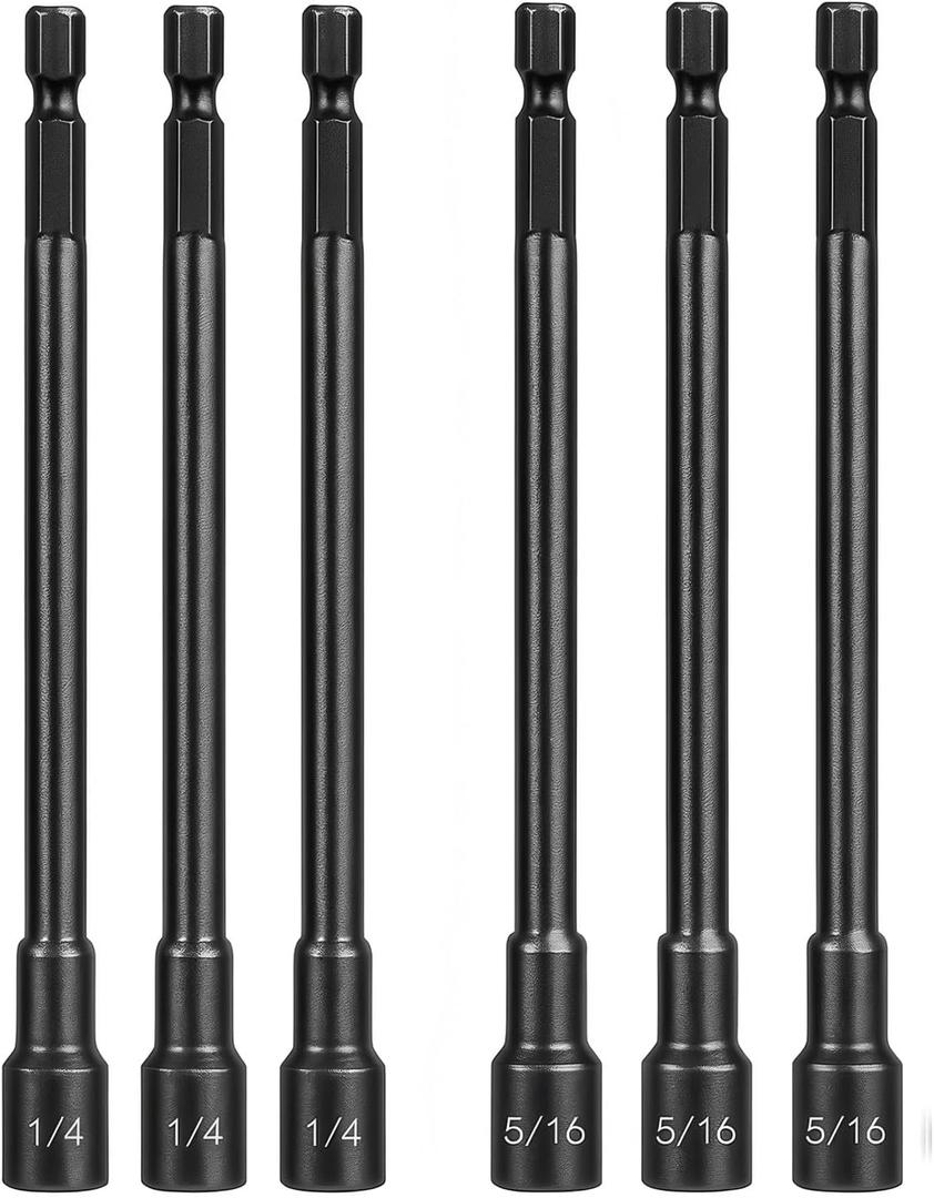 6pcs SAE 1/4 and 5/16 Magnetic Nut Driver Set, 6 inch Long Nut Setter Set, Impact Power Hex Nut Driver Drill Bit, Magnetic Socket Impact Drill Bit Tool