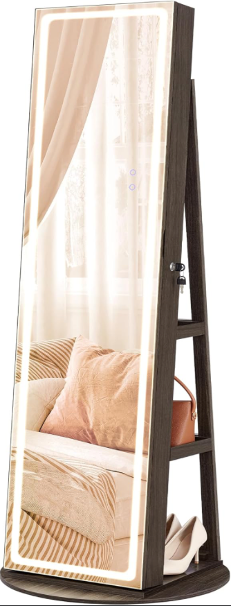 Swivel Jewelry Cabinet Organizer 3 Color LED Mirror w/Built in Lights White