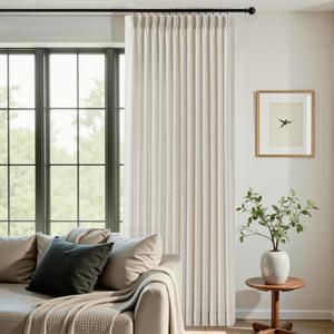 70 Inch Extra Width Pinch Pleated Curtains, Memory Trained Pleated Linen Sheer Curtain Light Filtering Privacy Hooks Rings Back Tab Drapes for Living Room Sliding Door, 1 Panel, 70x96, Natural