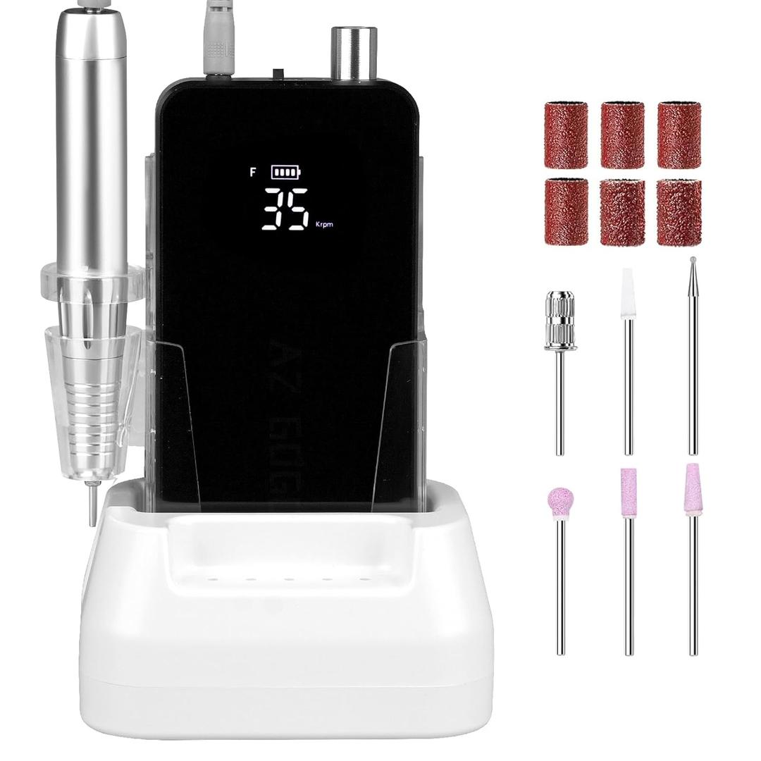 AZ GOGO Nail Drill Machine, 35000RPM Rechargeable Professional Portable Nail Drills for Acrylic Gel Nails - Low Noise & Low Vibration Coreless Motor E-File (Black)