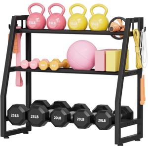 Heavy Duty 3-Tier Dumbbell Rack, 600 LBS Capacity Adjustable Weight Rack for Kettlebells & Dumbbells, One-Piece Solid Steel Home Gym Storage Stand, Space-Saving Corner Organizer with Hooks (32" H x 31.5" L)