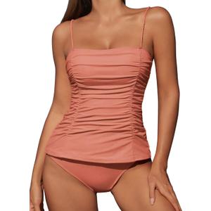 ZAFUL Womens Tankini Swimsuits 2025 Spaghetti Strap Two Pieces Ruched Top Tummy Control High Waisted Bottom Bathing Suits (Medium, 1-pink)