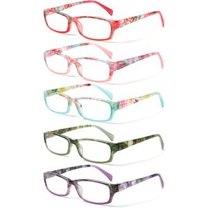 Kerecsen Reading Glasses 5 Pairs Fashion Ladies Readers Spring Hinge with Pattern Print Eyeglasses for Women (Mix Color -8, 3.00)
