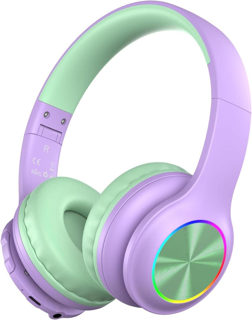 Kids Bluetooth 6.0 Headphones with LED Light, 85Hours Playtimes, Type-C Fast Charging, 85/94dB Volume Limited, Comfort Headphones with Built-in Mic, Wired & TF Card Mode,Green and Purple