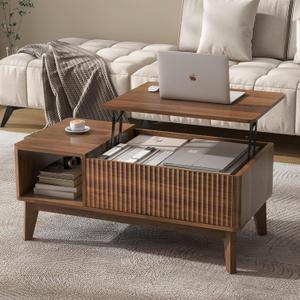 LYNCOHOME Fluted Lift Top Coffee Table with Storage, Modern Coffee Table for Living Room, Home OfficeWalnut (18.9''D x 37.4''W x 16.2''H, Walunt)