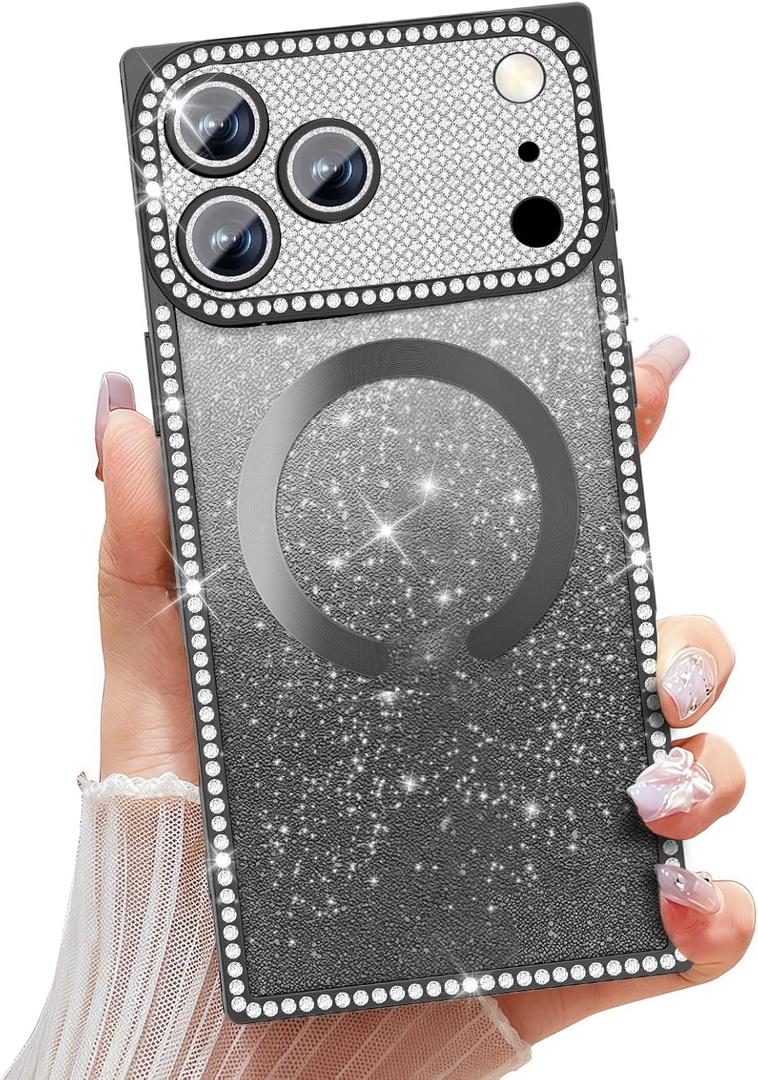 Misscase Magnetic Glitter Case for iPhone 17 Pro Max 6.9 Inch, Camera Protection, Compatible with MagSafe, Rectangle Cute Bling Sparkle Diamond Colorful Phone Cover, Drop-Tested & Shockproof-Black
