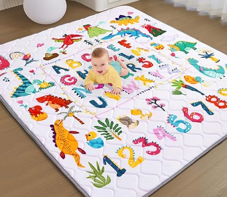 Baby Play Mat - Thicken 50x60 Inch Soft Foam Crawling Mat for Playpen & Floor, Non-Slip Waterproof Playmats for Infants & Toddlers, Portable Foldable & Machine Washable, Dinosaur & Letters