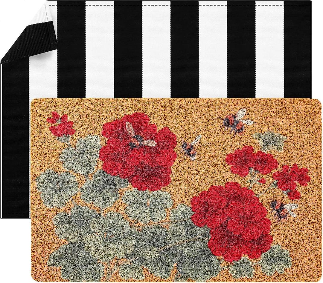 Duraaamo 2 Pcs Geranium Welcome Doormat Red Flower Hello Spring Doormat Black & White Stripe Mat Front Door Decoration with Non-Slip Backing Rug for Housewarming Gift Kitchen Indoor Outdoor