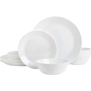 Gibson Home Ultra 18 Piece Break and Chip Resistant Dinnerware Plates and Bowls Set, Round: Service for 6, Opal Glass, White