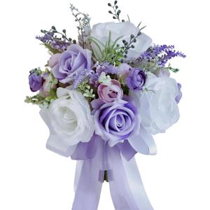 BECIEM Purple Lilac Bridal Bouquet for Bride, Lavender White Wedding Bouquets for Bride, Artificial Flowers Bouquet for Wedding Decoration