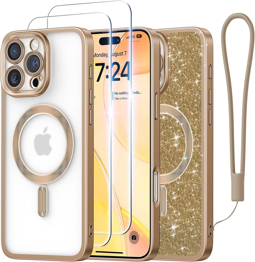 Meifigno Frosted Case for iPhone 16 Pro Max 6.9", [Glitter Card & Wrist Strap] [MagSafe Compatible & Anti-Fingerprint ] [2X Screen Protectors] Fully Raised Lens Case Designed for 16 ProMax, Desert