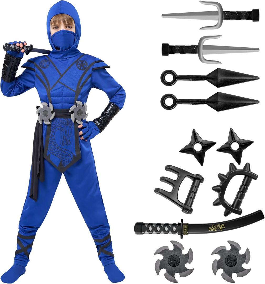 Spooktacular Creations Halloween Ninja Costume Kids, Ninja Dragon Jumpsuit Set, Boys Halloween Costume for DressUp Party (Medium(8-10 yrs), Blue+black)