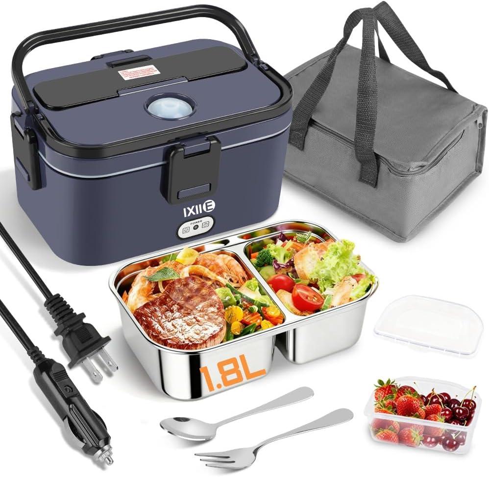 IXIIE Electric Lunch Box 80W for Adults, 1.8L Lunch Warmer with 2 Compartments for Truck/Car/Work, Fast Portable Heated Lunch Box Food Warmer Heater 12/24/110V, Lonchera Elctrica Porttil