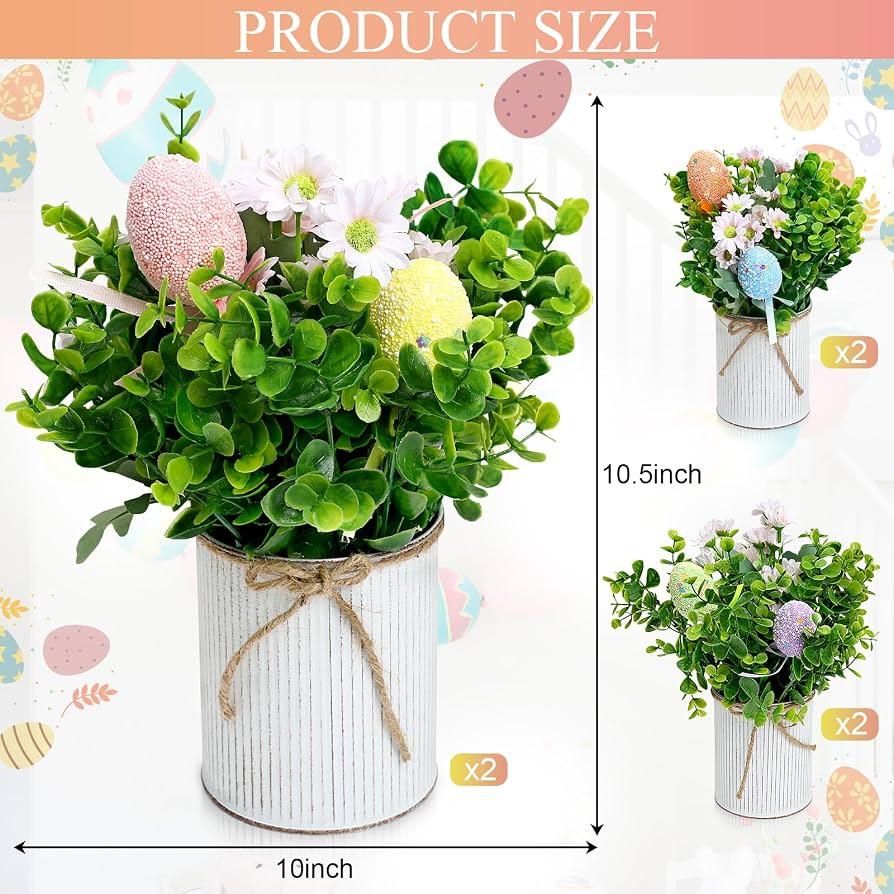 Spring Easter Table Decorations Centerpieces Pre-Made Eggs Tabletop Arrangements with Rustic Metal Vase for Farmhouse Dining Room Home Kitchen Indoor Party Office Decor, 1 Pack