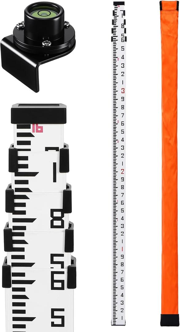 16 Foot Aluminum Grade Rod 10ths 5 Sections Telescopic Laser Level Pole with Bubble Level Carrying Case Double Sided Scale Leveling Measuring Stick for Houses Walls Floors Surveying Equipment