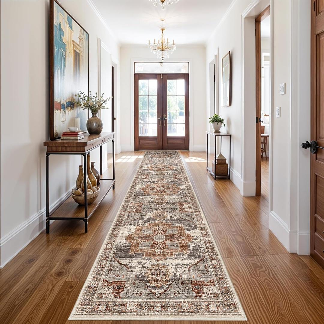 RUUGME Washable 3X14 Runner Rugs - Large Boho Rugs for Living Room Stain Resistant Carpet Vintage Tribal Rugs for Bedroom Kitchen Bathroom Non Slip Backing Home Decor Floor Decoration Mat 3X14 Brick