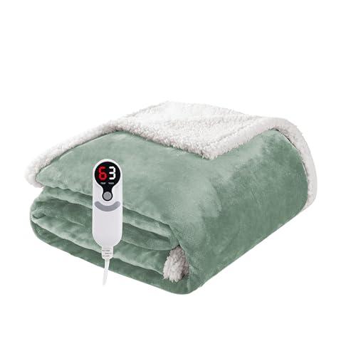 Electric Heated Blanket Throw Size 50"x60", Soft Flannel with Overheat Protection, 9 Adjustable Heat Settings & 10-Hour Auto-Off Timer, Fast Heating for Winter Comfort, Light Green
