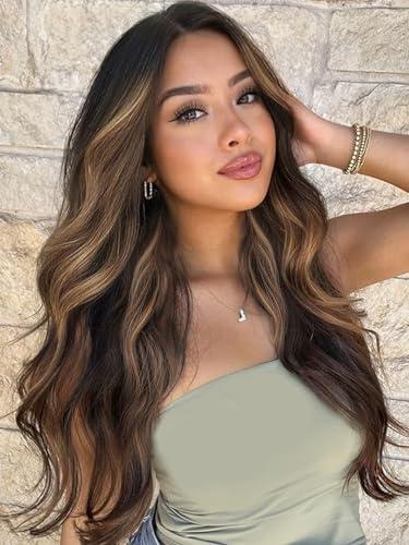 XIXIBI Long Brown Highlights Wigs for Women, Ombre Brown Mixed Blonde Wigs with Black Roots, Synthetic Long Curly Wavy Wigs With Lace Hairline, Heat Resistant Fiber Wig for Daily Party Use