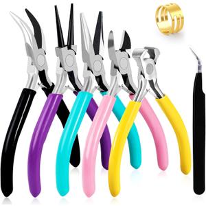 5Pcs Jewelry Pliers Set Jewelry Making Pliers Tools Kit Include Jewelry Making Needle Nose Chain Nose Round Bent Pliers Wire Cutter for Bracelet Beading DIY Craft Jewelry Making Supplies (Em Pink Blue Purple Black Yellow)