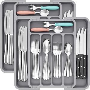 Lifewit Silverware Drawer Organizer, Expandable BPA Free Utensil Tray for Kitchen, Adjustable Flatware and Cutlery Holder for Spoons Forks Knives, Plastic Kitchen Organizers and Storage, Grey (Gray)