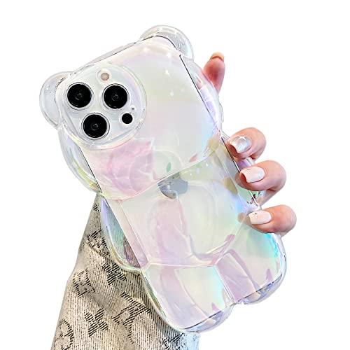 YWYUHE Bear Phone Case Compatible with iPhone 16 Pro Max Case, Cute 3D Holographic Clear White Bear Case, Shockproof Kpop Cartoon Bear Phone Case for Women Girls