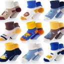 ANTSANG Baby Toddler Grip Socks, Girls Boys Thick Cotton Ankle Crew Socks | Enhanced Grips, Adjustable Cuff, Smooth Toe, High Elasticity, Soft Touching, Breathable, Moisture-Wicking, Non-Slip, 9 Pairs