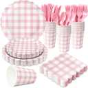 175 PCS Pink Gingham Party Supplies Includes Pink Gingham Paper Plates, Cups, Napkins, Cutlery for Baby & Bridal Shower, Wedding, Birthday Party, Outdoor Picnic, Serves 25
