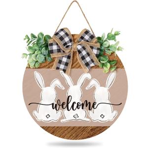 Whaline Easter Wooden Hanging Sign Bunny Rabbit Welcome Sign Door Decoration with Bow Rustic Easter Wood Wreath Sign for Spring Holiday Home Coffee Shop Bakery Farmhouse Window