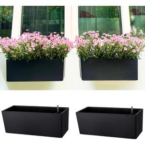 LaLaGreen Wall Planters for Indoor (2 Pack, 20 Inch) Black Self Watering Rectangular Window Planter Box Outdoor with Bracket Wall Mount Vertical Garden Balcony Herb Plant Holder Stylish Flower Pot