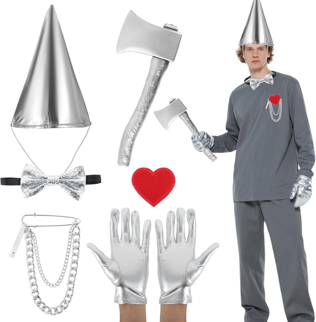 Silver Costume Accessory Set for Adult Cute Funnel Hat with Elastic Strap Fake Axe Metallic Spandex Gloves Halloween Costume for Man Women Cosplay Party