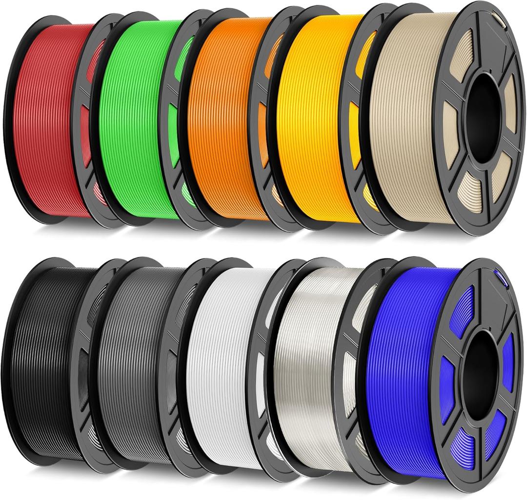 TECBEARS PLA 3D Printer Filament Bundle, 10 KG PLA Filament 1.75mm, Neatly Wound 3D Printing Filament, 1 Kg Per Spool, 10 Pack, Black+White+Grey+Transparent+Red+Blue+Green+Orange+Wood+Gold