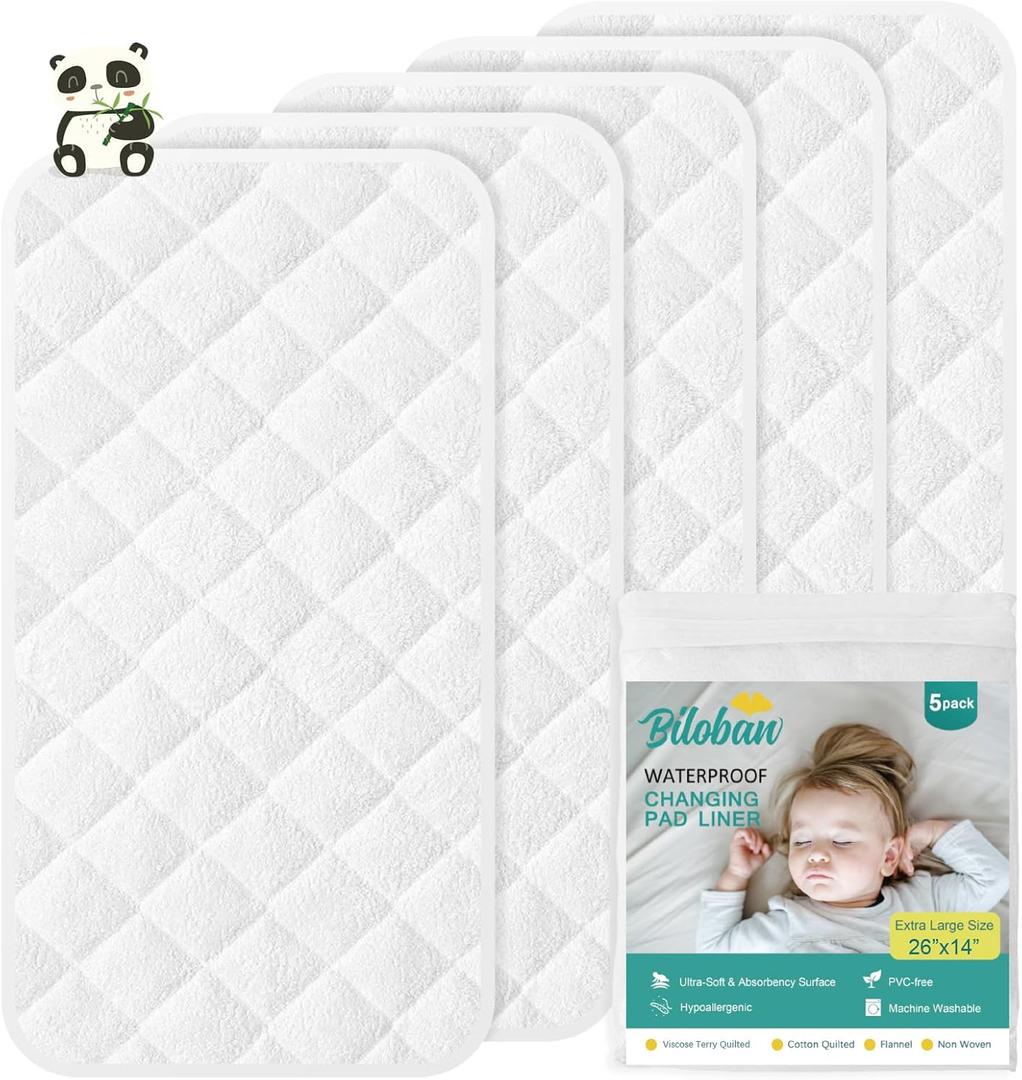 Changing Pad Liner - 5 Pack (Improved Thickness) 14" x 26" Superior Viscose Terry Surface, Waterproof & Absorbent Diaper Changing pad Liners
