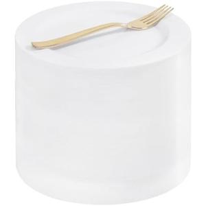 WELLIFE 100PCS White Plastic Dessert Plates and 100PCS Gold Disposable Forks, Premium Hard Dessert Plate 7.5”, Appetizer Plastic Plates for Party and Wedding