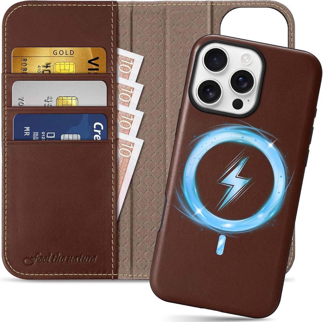 SHIELDON Case for iPhone 16 Pro Max, Genuine Leather 2 in 1 Wallet Kickstand RFID Blocking Card Holder Magnetic Shockproof Wireless Charging Case Compatible with iPhone 16 Pro Max - Retro Coffee