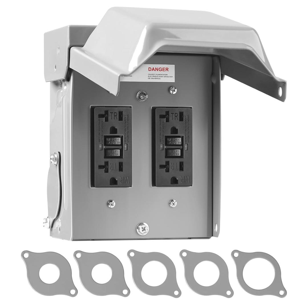 Outdoor Electrical Outlet Box, Dual 20 AMP WRTR GFCI Outlets with Power Indicator Light, Weatherproof Receptacle Box with All Metal 3R Enclosure, Lockable Outlet Cover for Outdoor Power, ETL Listed