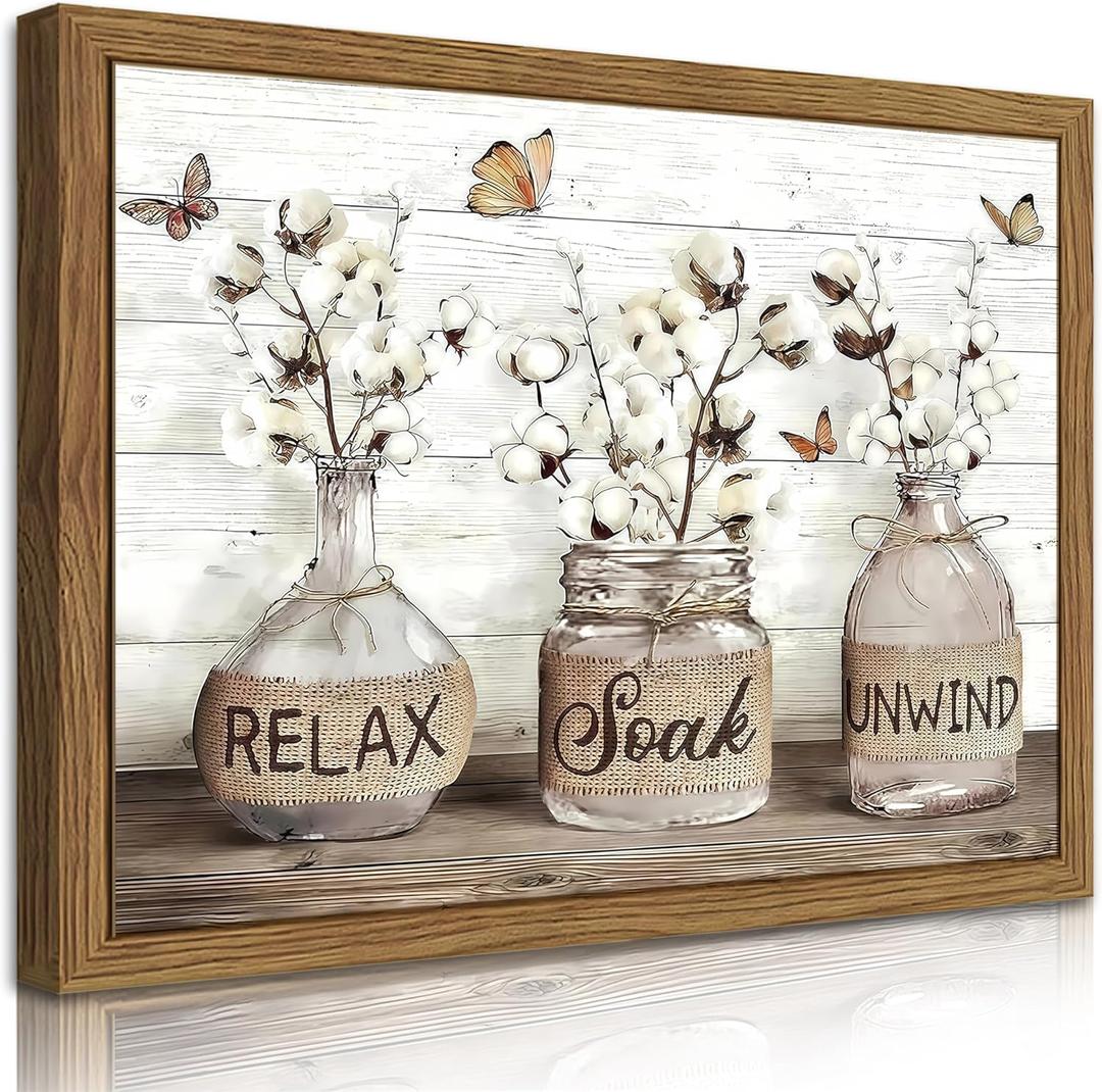 Farmhouse Bathroom Decor Wall Art, Framed Rustic Cotton Pictures Canvas Wall Decor Painting, Modern Country Relax Soak Unwind Sign Artwork Posters Prints for Bathroom 16x24In Dark Wood Frame