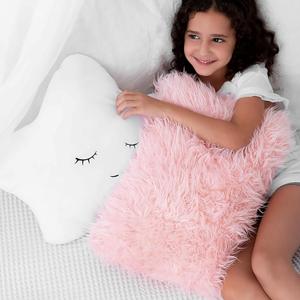 Perfectto Design Set of 2 Decorative Pillows, Toddler Room. Star Fluffy White Embroidered and Furry Pink Faux Fur Soft and Plush Girls Pillows  Throw Pillows for Kids Bedroom Dcor