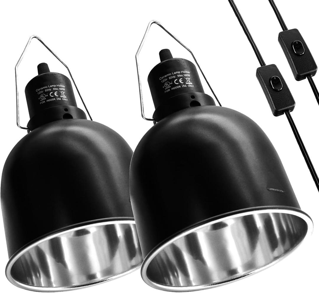Reptile Light Fixture, 2 Packs 5.5 Inch Deep Dome Lampshade, Reptile Heat Lamp Fixture with Separate Switches Fit for UVB Bulb Basking Heat Bulb for Reptile Glass Terrariums