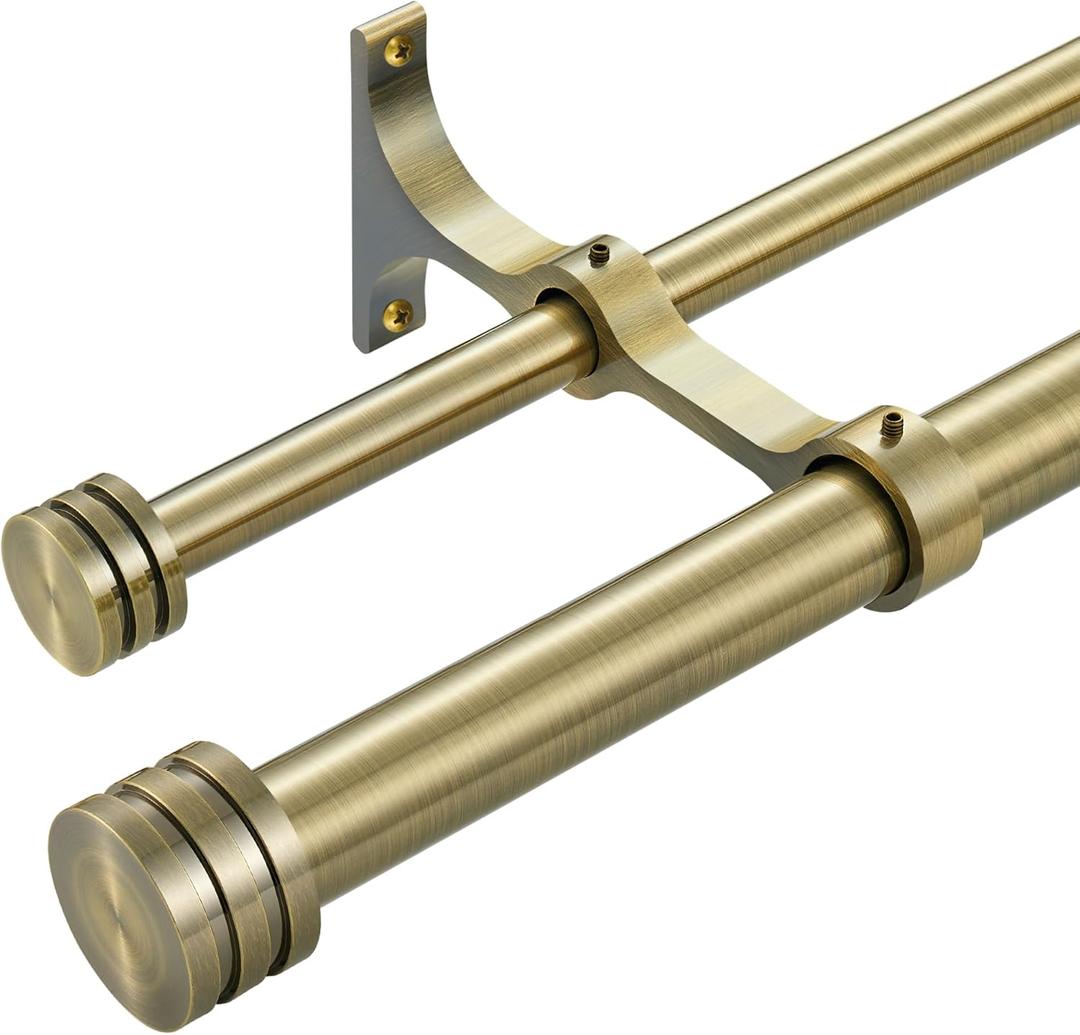 Double Curtain Rods with Aluminum End Cap and Full Enclosure Brackets, 1- Inch Front and 5/8 Inch Back Window Rod, Dual Drapery Rods Adjustable from 36 to 72 Inches (3-6 Feet), Antique Bronze